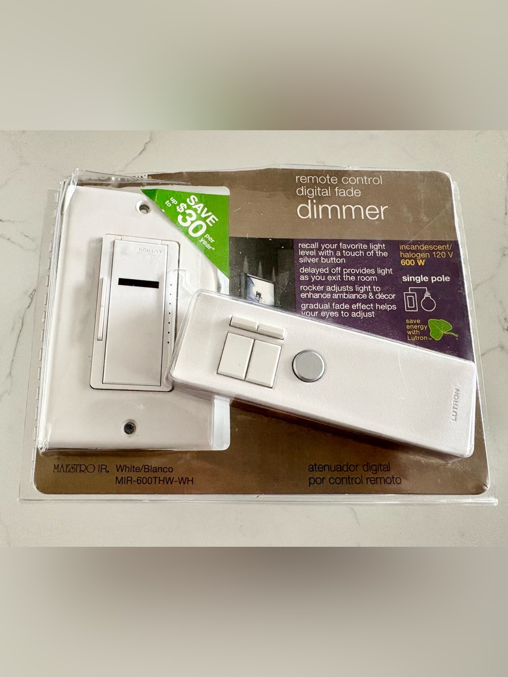 Lutron Remote Control Digital Fade Incandescent Dimmer  MIR-600THW-WH